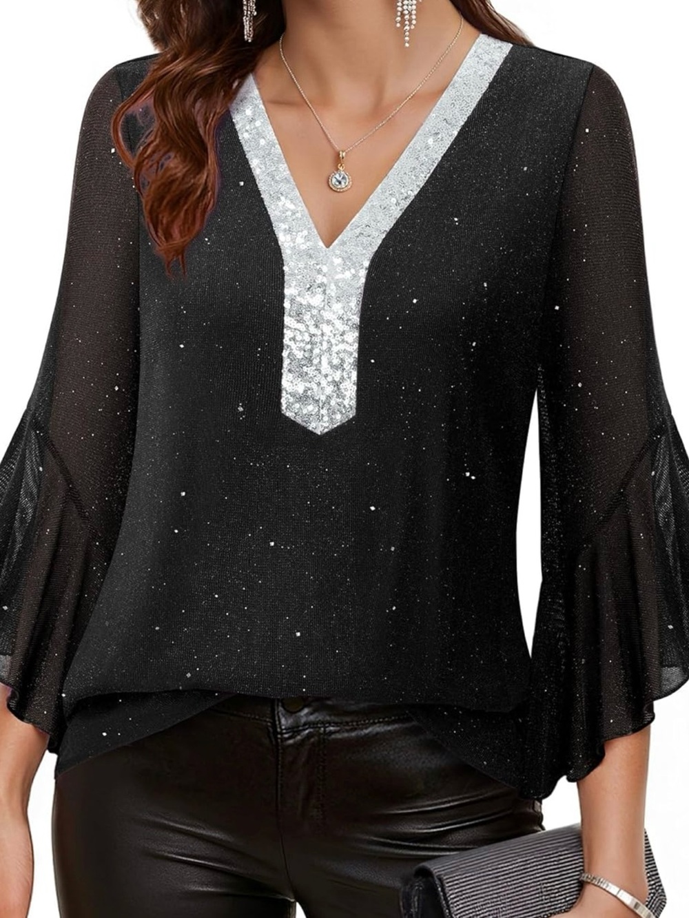 Black Sparkle V-Neck Sequin Tunic